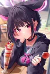 Rule 34 | 1girl, absurdres, animal ears, black choker, black hair, black jacket, blue archive, blush, cat ears, choker, closed mouth, extra ears, food, fork, fruit, green sailor collar, hair ornament, hairclip, halo, highres, holding, holding fork, jacket, kazusa (blue archive), long sleeves, looking at viewer, parfait, pink hair, pink halo, red eyes, sailor collar, short hair, shumai il, smile, solo, strawberry