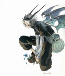 1boy absurdres bag black_pants black_shirt blue_flower brown_shirt brown_shoes flower glyvees highres mechanical_wings original pants red_eyes shirt shoes short_hair simple_background solo white_background white_hair white_sleeves wings