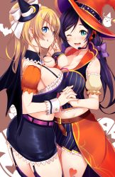 Rule 34 | 10s, 2girls, :q, ;d, ayase eli, bare shoulders, belt, blonde hair, blue eyes, blue hair, blush, breast press, breasts, cleavage, garter straps, halloween, hat, headphones, heart, heart tattoo, holding, interlocked fingers, large breasts, long hair, looking at viewer, love live!, love live! school idol festival, love live! school idol project, midriff, multiple girls, one eye closed, open mouth, ponkotsu (ayarosu), skirt, smile, striped, symmetrical docking, tattoo, tongue, tongue out, tojo nozomi, v-shaped eyebrows, vertical stripes, witch hat, wrist cuffs