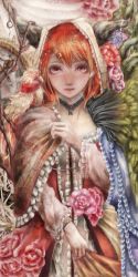 Rule 34 | 10s, 1girl, bad id, bad pixiv id, bird, bracelet, clothes grab, eyelashes, flower, frills, highres, hogecomhoge, hood, horns, jewelry, looking at viewer, maou (maoyuu), maoyuu maou yuusha, necklace, orange hair, parrot, red eyes, rose, solo