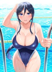 Rule 34 | 1girl, adjusting hair, ame arare, arm behind head, armpits, black hair, blue one-piece swimsuit, blurry, blurry background, blush, breasts, cameltoe, caustics, cleavage, collarbone, competition swimsuit, covered navel, cowboy shot, depth of field, dripping, groin, hand up, highleg, highleg swimsuit, highres, huge breasts, lane line, legs together, long hair, low ponytail, one-piece swimsuit, open mouth, ponytail, pool, pool ladder, poolside, purple eyes, pussy, pussy peek, reflection, reflective water, shiny clothes, shiny skin, sideboob, sidelocks, skin tight, skindentation, solo, standing, swimsuit, takamine ayako, taut clothes, thick thighs, thighs, toshoshitsu no kanojo, v-shaped eyebrows, very long hair, water, wedgie, wet, wet clothes, wet hair, wet swimsuit, wide hips