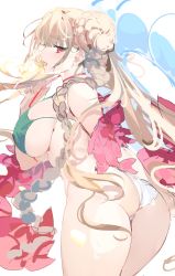 Rule 34 | 1girl, ass, azur lane, bikini, blonde hair, braid, breasts, commentary, cowboy shot, double bun, formidable (azur lane), green bikini, hair bun, half-closed eyes, highres, large breasts, long hair, looking at viewer, looking back, mismatched bikini, open mouth, red eyes, solo, standing, swimsuit, twin braids, umibouzu (niito), very long hair, white bikini