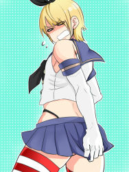 Rule 34 | 1boy, black panties, blonde hair, blush, cosplay, covering privates, cowboy shot, crossdressing, dead or alive, elbow gloves, eliot (doa), from behind, gloves, hachuurui, hair ribbon, kantai collection, looking back, male focus, open mouth, panties, ribbon, school uniform, serafuku, shimakaze (kancolle), shimakaze (kancolle) (cosplay), skirt, solo, striped clothes, striped thighhighs, thighhighs, trap, underwear, zettai ryouiki