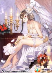 Rule 34 | 1girl, angel, angel wings, anklet, bare shoulders, barefoot, bob cut, breasts, brown hair, candle, candlelight, candlestand, cleavage, collarbone, covered erect nipples, curtains, dress, feathers, feet, flower, gloves, hair ornament, hand fan, jewelry, large breasts, leaning forward, bridal garter, looking at viewer, necklace, parted lips, purple eyes, qurare magic library, short hair, side slit, sitting, smile, solo, veil, white dress, whoisshe, wings