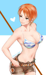 Rule 34 | 1girl, artist name, blush, breasts, cleavage, dated, heart, jewelry, large breasts, long hair, nami (one piece), navel, one piece, onegingek, orange hair, short hair, shorts, skypiea, smile, solo