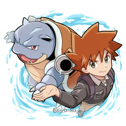 Rule 34 | 1boy, arm up, aya huya, black jacket, blastoise, brown hair, brown pants, closed mouth, commentary request, creatures (company), game freak, gary oak, gen 1 pokemon, grey eyes, highres, jacket, jewelry, long sleeves, looking at viewer, male focus, necklace, nintendo, pants, pokemon, pokemon (anime), pokemon (creature), pokemon journeys, shirt, shoes, short hair, smile, spiked hair, white shirt