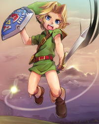 Rule 34 | 1boy, blonde hair, blue eyes, boots, fairy, full body, hat, holding, holding sword, holding weapon, hylian shield, link, male focus, nanjin, nintendo, pointy ears, shield, short hair, sword, tatl, the legend of zelda, the legend of zelda: majora&#039;s mask, weapon, young link
