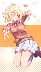 Rule 34 | 1girl, blonde hair, blush, bow, bowtie, breasts, brown footwear, brown sweater, checkered clothes, checkered skirt, commentary request, deadnooodles, dot nose, double v, eyelashes, flower, grey socks, grey thighhighs, grin, gyaru v, hair flower, hair ornament, heart, highres, jumping, kneehighs, legs, long sleeves, looking at viewer, love live!, love live! nijigasaki high school idol club, medium breasts, midair, miyashita ai, nail polish, one eye closed, orange background, orange nails, over-kneehighs, polka dot, polka dot background, ponytail, red bow, red bowtie, shirt, shoes, skirt, smile, socks, solo, sweater, thighhighs, thighs, v, white background, white shirt, white skirt, yellow eyes