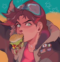 Rule 34 | 1boy, ^^^, american flag, aqua background, aqua eyes, arm up, aviator cap, badge, battle tendency, bomber jacket, brown hair, brown headwear, brown jacket, burger, button badge, dripping, food, goggles, goggles on headwear, highres, holding, holding food, italian flag, jacket, japanese flag, jojo no kimyou na bouken, jonya, joseph joestar, joseph joestar (young), ketchup, looking at viewer, male focus, mouth hold, parted bangs, red shirt, shirt, short hair, solo, spiked hair, star (symbol), two-tone background, union jack, upper body, yellow background