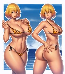 Rule 34 | 1girl, abs, animal print, areola slip, ass, beach, bikini, blonde hair, breasts, cleavage, curvy, green eyes, highres, large breasts, leopard print, looking at viewer, looking back, one eye closed, pulling at clothes, short hair, smile, standing, string bikini, swimsuit, teasing, wink