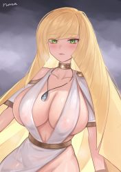 Rule 34 | 1girl, absurdres, alternate breast size, alternate costume, blonde hair, breasts, cleavage, closed mouth, collarbone, creatures (company), dress, game freak, green eyes, hair over one eye, highres, jewelry, large breasts, lips, long hair, looking at viewer, lusamine (pokemon), necklace, nintendo, no panties, norza, pokemon, pokemon sm, robe, see-through, see-through dress, short dress, solo, very long hair, white dress