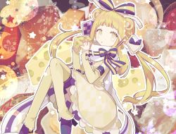 Rule 34 | 1girl, animal ears, blonde hair, bow, cheese, detached sleeves, dress, food, hair bow, holding, holding food, lace, lace-trimmed dress, lace trim, long hair, mouse ears, original, parted lips, purple bow, purple footwear, purple ribbon, ribbon, solo, star (symbol), twintails, usagi nui, whip (usagi nui), white bow, yellow dress, yellow eyes, yellow sleeves
