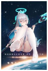 Rule 34 | 1girl, bare shoulders, bigxixi, bronya zaychik, commentary, dress, drill hair, feet, full body, grey eyes, grey hair, highres, honkai (series), honkai impact 3rd, in orbit, long hair, looking at viewer, no shoes, panties, pantyhose, sleeveless, sleeveless dress, soles, solo, symbol-only commentary, thighhighs, twin drills, underwear, white pantyhose, white thighhighs