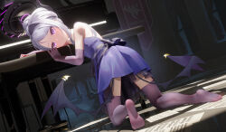 Rule 34 | 1girl, absurdres, black horns, black wings, blue archive, blush, closed mouth, demon horns, demon wings, dress, elbow gloves, floor, gloves, grand piano, grey hair, halo, highres, hina (blue archive), hina (dress) (blue archive), horns, instrument, kneeling, long hair, mr ito, official alternate costume, official alternate hairstyle, piano, purple dress, purple eyes, purple gloves, purple thighhighs, solo, strapless, strapless dress, thighhighs, wings