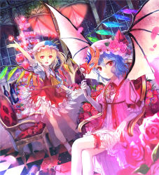 Rule 34 | 2girls, arm up, ascot, bare legs, bat wings, blonde hair, blue flower, blue hair, blue rose, bottle, bridal garter, brooch, chair, checkered floor, crossed legs, cup, dress, dutch angle, elbow gloves, embellished costume, female focus, flandre scarlet, floor, flower, frilled legwear, full moon, fuzichoco, gloves, hat, hat flower, highres, jewelry, looking at viewer, mary janes, mask, md5 mismatch, moon, multicolored flower, multicolored rose, multiple girls, night, night sky, petals, pink flower, pink rose, red eyes, red moon, remilia scarlet, resolution mismatch, rose, shoes, short hair, siblings, side ponytail, sisters, sitting, sky, smile, source smaller, spill, star (sky), starry sky, table, teacup, thighhighs, touhou, waving, white gloves, window, wings