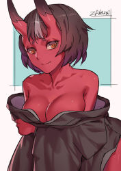 Rule 34 | 1girl, artist name, bad id, bad pixiv id, bare shoulders, breast hold, breasts, brown hair, brown kimono, cleavage, closed mouth, collarbone, colored skin, fang, fang out, horns, japanese clothes, kimono, large breasts, leaning forward, long sleeves, looking at viewer, multicolored hair, off shoulder, oni, oni horns, open clothes, open kimono, orange eyes, original, red skin, short hair, silver hair, smile, solo, streaked hair, two-tone hair, upper body, wide sleeves, zakusi