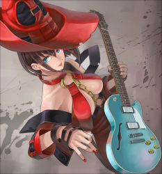 Rule 34 | 1girl, arc system works, blue eyes, brown hair, chain, earrings, guilty gear, guitar, hat, highres, i-no, instrument, jewelry, looking up, metalinu, mole, nail polish, red hat, red nails, solo