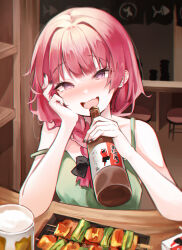 Rule 34 | 1girl, absurdres, alcohol, bare shoulders, beer, beer mug, black nails, blush, bocchi the rock!, bottle, bow, braid, braided ponytail, carton, cup, dress, drunk, e name, earrings, elbow rest, food, green dress, hair bow, highres, hiroi kikuri, holding, holding bottle, indoors, jewelry, long hair, mug, noren, nose blush, open mouth, pink eyes, pink hair, plate, sleeveless, sleeveless dress, smile, solo, stool, strap slip, stud earrings, table