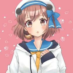 Rule 34 | 1girl, brown eyes, brown hair, cherry blossoms, cocoperino, commentary request, dress, floral background, hat, headgear, headset, hood, hooded jacket, hoodie, jacket, kantai collection, looking at viewer, neckerchief, petals, pink background, sailor dress, sailor hat, short hair, solo, speaking tube headset, upper body, white hat, white jacket, yellow neckerchief, yukikaze (kancolle)