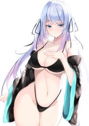 Rule 34 | 1girl, bare shoulders, bikini, black bikini, blue eyes, blue hair, blush, breasts, cleavage, collarbone, cowboy shot, detached sleeves, gradient hair, groin, hair ribbon, hand on own chest, highleg, highleg bikini, highres, large breasts, looking at viewer, multicolored hair, navel, nephthys2356, original, pink hair, ribbon, sidelocks, simple background, solo, stomach, swimsuit, thighs, twintails day, white background