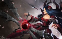 Rule 34 | 1girl, armor, armored dress, blue eyes, breasts, cleavage, floating, floating object, hairpods, irelia, kunai, large breasts, league of legends, long hair, neo-tk.., orb, parted bangs, pauldrons, petals, shoulder armor, solo, weapon, wide sleeves