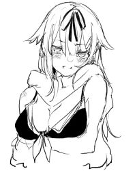 Rule 34 | 1girl, adapted costume, bare shoulders, bikini, blush, breast hold, breasts, cleavage, commentary, cropped torso, earrings, greyscale, grin, hair between eyes, hair flaps, hair ornament, hair over shoulder, hair ribbon, hairclip, jewelry, kantai collection, long hair, looking at viewer, monochrome, ribbon, rureizi, scarf, simple background, smile, solo, swimsuit, teeth, white background, yuudachi (kancolle), yuudachi kai ni (kancolle)