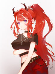 Rule 34 | 1girl, absurdres, arknights, belt, black belt, black choker, black shirt, breasts, choker, commentary, crop top, cross, cross necklace, gradient background, grey background, highres, horns, jewelry, large breasts, long hair, looking at viewer, midriff, necklace, official alternate costume, parted lips, ponytail, purple eyes, red hair, red skirt, shirt, short sleeves, skirt, solo, stomach, surtr (arknights), surtr (liberte echec) (arknights), upper body, very long hair, white background, xipus