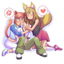 Rule 34 | !, 1boy, 2girls, :3, anger vein, angry, animal ears, bad tag, ben 10, ben tennyson, between breasts, blonde hair, breasts, cat ears, cat tail, cousins, facial mark, fang, fox ears, fox tail, girl sandwich, green eyes, gwen tennyson, hair ornament, hairclip, hands on another&#039;s head, happy, head between breasts, heart, highres, hug, hug from behind, jealous, lucy mann, mikado ryouma, multiple girls, sandwiched, shoes, skirt, spoken anger vein, spoken heart, tail, tail raised, whisker markings, wide-eyed
