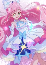 Rule 34 | 1girl, absurdres, artist name, ascot, big hair, bow, braid, brooch, commentary, cure prism, dress, dutch angle, earrings, elbow gloves, gloves, green eyes, hair bow, heart, highres, hirogaru sky! precure, jewelry, layered dress, light particles, long hair, magical girl, medium dress, nijigaoka mashiro, open mouth, pink hair, precure, side braid, signature, sleeveless, sleeveless dress, smile, solo, standing, twin braids, very long hair, white ascot, white bow, white dress, white gloves, zerolay