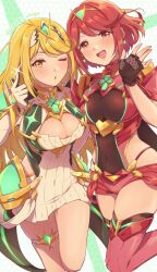 Rule 34 | 2girls, blonde hair, breasts, chagi chage, fingerless gloves, gloves, highres, large breasts, multiple girls, mythra (xenoblade), pyra (xenoblade), red eyes, red hair, xenoblade chronicles (series), xenoblade chronicles 2, yellow eyes
