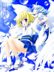 Rule 34 | 2girls, adapted uniform, angel wings, blonde hair, japanese clothes, miko, multiple girls, noto (soranoto), original, wings