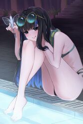 Rule 34 | 1girl, barefoot, black hair, blue hair, fate/grand order, fate (series), feet, grey eyes, highres, knees up, legs, long hair, multicolored hair, partially submerged, pool, poolside, round eyewear, sakuraike, solo, streaked hair, sunglasses, swimsuit, tenochtitlan (fate), toenails, toes, tongue, tongue out