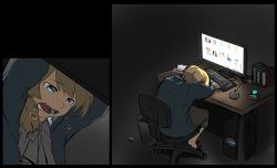 Rule 34 | 1girl, artist request, atago (kancolle), atago (kancolle) (cosplay), blonde hair, blue eyes, blue jacket, book, cellphone, chair, computer, cosplay, crying, crying with eyes open, dark, desk, ellen baker, highres, hunched over, jacket, kantai collection, keyboard (computer), long hair, meta, mouse (computer), new horizon, office chair, phone, pixiv, pornography, shirt, smartphone, sobbing, solo, swivel chair, tears, tissue, trash can, white shirt