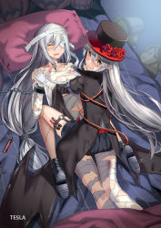 Rule 34 | 4girls, arknights, artist name, bandaged head, bandages, black cloak, black headwear, blood, blood from mouth, blush, breasts, bruise, chinese commentary, cloak, commentary request, earrings, closed eyes, gloves, grani (arknights), hat, heart, heart-shaped pupils, highres, holding hands, injury, interlocked fingers, jack-o&#039;-lantern, jewelry, long hair, looking at viewer, looking back, multiple girls, official alternate costume, pillow, pointy ears, qihai lunpo, red eyes, siege (arknights), sitting, sitting on person, skadi (arknights), smile, straddling, symbol-shaped pupils, top hat, underboob, very long hair, vial, warfarin (arknights), warfarin (the feast) (arknights), welding mask, white gloves, white hair, yuri