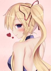 Rule 34 | 1girl, absurdres, alternate costume, alternate hairstyle, backless dress, backless outfit, bare arms, bare shoulders, blonde hair, blue choker, blue dress, blush, choker, commentary request, dress, hair between eyes, hair ribbon, heart, highres, ibuibuyou, long hair, looking at viewer, looking back, partial commentary, pink background, ponytail, purple eyes, ribbon, shoulder blades, sidelocks, simple background, smile, solo, standing, strapless, strapless dress, touhou, upper body, very long hair, yakumo yukari