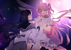 Rule 34 | 2girls, :d, absurdres, akemi homura, black hair, capelet, dress, female focus, frilled dress, frills, gloves, hair ribbon, hairband, high heels, highres, holding hands, kaname madoka, long hair, looking at another, magical girl, mahou shoujo madoka magica, mahou shoujo madoka magica (anime), multiple girls, nohyoo 0911, open mouth, parted lips, pink hair, pleated skirt, purple eyes, ribbon, shield, skirt, smile, space, thighhighs, two side up, ultimate madoka, white dress, white gloves, winged footwear, wings, yellow eyes, yuri