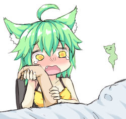 Rule 34 | 1boy, 1girl, :3, ahoge, animal ear fluff, animal ears, bad id, bad pixiv id, blush, breasts, camisole, cat ears, chair, closed mouth, collarbone, commentary, fang, green hair, greenteaneko, greenteaneko-chan, hair between eyes, hand grab, highres, medium breasts, nose blush, on chair, open mouth, original, simple background, sitting, sketch, solo focus, tears, wavy eyes, wavy mouth, white background, x x, yellow camisole, yellow eyes