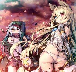 Rule 34 | 2girls, :o, animal ears, ass, back, blonde hair, blue eyes, blue hair, breasts, cat ears, covered erect nipples, cowboy shot, eyebrows, g11 (girls&#039; frontline), g41 (girls&#039; frontline), girls&#039; frontline, hair between eyes, hair ornament, hand in pocket, hat, heart, heterochromia, jacket, long hair, long sleeves, looking at viewer, multiple girls, open clothes, open jacket, panties, red eyes, shennai misha, shorts, sideboob, skindentation, small breasts, standing, thighhighs, underwear, very long hair, white panties