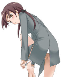 Rule 34 | 00s, 1girl, barefoot, blouse, bottomless, brown eyes, brown hair, feet, gertrud barkhorn, green shirt, long hair, looking back, no panties, panties, panties around leg, panty pull, pussy, shirt, simple background, soles, solo, standing, standing on one leg, strike witches, uncensored, underwear, undressing, white background, white panties, world witches series, youkan