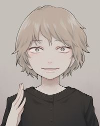 Rule 34 | :d, black shirt, blonde hair, commentary request, grey background, hand up, looking at viewer, open mouth, original, sanpaku, shirt, simple background, smile, solo, wide-eyed, yajirushi (chanoma)