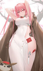 Rule 34 | 1girl, arms behind head, arms up, azur lane, bird, breasts, brown coat, china dress, chinese clothes, coat, coat on shoulders, dress, from below, highres, hip vent, hongbao, impossible clothes, impossible dress, large breasts, official alternate costume, owl, perseus (azur lane), perseus (spring lackadaisical leisure) (azur lane), pink eyes, pink hair, qing wu, sideless dress, sleeveless, sleeveless dress, white dress, zipper pull tab