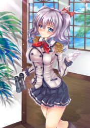 Rule 34 | 1girl, binoculars, black socks, blue eyes, blush, breasts, buttons, closed mouth, collared shirt, cowboy shot, epaulettes, frilled sleeves, frills, gloves, grey shirt, hair between eyes, happy, highres, holding, holding binoculars, jacket, kantai collection, kashima (kancolle), kerchief, kneehighs, large breasts, long hair, long sleeves, looking at viewer, military, military jacket, military uniform, miniskirt, neckerchief, ocean, plant, pleated skirt, red neckerchief, shirt, sidelocks, siki2046, silver hair, skirt, sky, smile, socks, solo, sunlight, tree, tsurime, twintails, uniform, upper body, walking, wavy hair, white gloves, white jacket, window, wooden floor