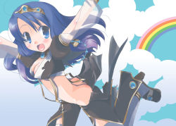 Rule 34 | 1girl, :d, ass, black pants, blue eyes, blue hair, blush, breasts, butt crack, cleavage, cloud, commentary request, foot out of frame, halterneck, high heels, long hair, looking at viewer, medium breasts, okosama lunch (sendan), open mouth, pants, ragnarok online, rainbow, smile, solo, suspenders, thighhighs, warlock (ragnarok online), white thighhighs