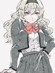 Rule 34 | 1girl, arm at side, averting eyes, black hairband, blonde hair, bow, bowtie, breasts, closed mouth, commentary request, cowboy shot, frown, grey background, grey jacket, grey skirt, hair between eyes, hairband, hand on own hip, high-waist skirt, highres, jacket, long hair, looking to the side, looking up, medium breasts, open mouth, pleated skirt, red bow, red bowtie, red eyes, saijou claudine, school uniform, seishou music academy uniform, shirt, shirt tucked in, shoujo kageki revue starlight, shozoku, simple background, skirt, solo, standing, v-shaped eyebrows, wavy hair, white shirt