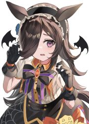 Rule 34 | 1girl, animal ears, aroa (aroamoyasi), bat wings, black bow, black bowtie, black gloves, black hairband, black skirt, black wings, bow, bowtie, claw pose, collared shirt, fang, frilled hairband, frills, frown, gloves, hair over one eye, hairband, halloween, halloween costume, high-waist skirt, highres, horse ears, horse girl, jack-o&#039;-lantern ornament, lace, lace-trimmed gloves, lace trim, long bangs, long hair, looking at viewer, official alternate costume, open mouth, orange bow, purple eyes, rice shower (make up vampire!) (umamusume), rice shower (umamusume), shirt, short sleeves, simple background, skirt, spider web print, star ornament, umamusume, upper body, white background, white shirt, wings