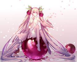 Rule 34 | 1girl, absurdly long hair, bare shoulders, cherry, cherry blossom print, cherry blossoms, cherry hair ornament, commentary, detached sleeves, floral print, flower, food, food-themed hair ornament, fruit, full body, hair ornament, hand up, hatsune miku, highres, kazenemuri, long hair, looking to the side, necktie, petals, pink eyes, pink hair, pink necktie, pink sleeves, pink thighhighs, sakura miku, shirt, shoulder tattoo, sitting, skirt, sleeveless, sleeveless shirt, solo, symbol-only commentary, tattoo, thighhighs, twintails, very long hair, vocaloid, white shirt