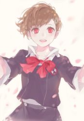 Rule 34 | 1girl, black skirt, brown hair, gekkoukan high school uniform, long sleeves, open mouth, persona, persona 3, persona 3 portable, petals, ponytail, red eyes, red neckwear, school uniform, shiomi kotone, simple background, skirt, solo, tyo197snh