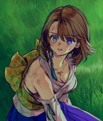 Rule 34 | 1girl, asymmetrical hair, back bow, bare shoulders, beads, blue eyes, blue skirt, bob cut, bow, breasts, cleavage, detached sleeves, dirty, dirty clothes, dirty face, final fantasy, final fantasy x, grass, green eyes, hair beads, hair between eyes, hair ornament, heterochromia, highres, japanese clothes, jewelry, kneeling, leaning forward, looking to the side, medium breasts, medium hair, meme, necklace, nexeee, nontraditional miko, obi, outdoors, parted lips, pleated skirt, sailor moon redraw challenge (meme), sash, shirt, skirt, solo, sweatdrop, upper body, white shirt, wide-eyed, yuna (ff10)