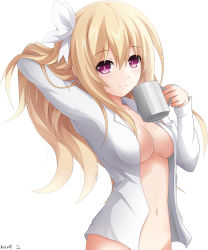 Rule 34 | 10s, 1girl, bad id, bad pixiv id, blonde hair, bottomless, cup, date a live, dress shirt, highres, keenh, long hair, looking at viewer, mayuri (date a live), naked shirt, navel, no bra, open clothes, open shirt, purple eyes, shirt, solo