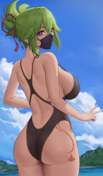 Rule 34 | 1girl, alternate breast size, ass, back, bare shoulders, beach, black mask, black one-piece swimsuit, blue sky, body markings, breasts, cloud, commentary, competition swimsuit, cowboy shot, crossed bangs, day, english commentary, from behind, genshin impact, green hair, hair between eyes, hair ribbon, highleg, highleg swimsuit, highres, kuki shinobu, large breasts, looking at viewer, looking back, mask, median furrow, mouth mask, one-piece swimsuit, outdoors, purple eyes, red ribbon, ribbon, short ponytail, sideboob, sidelocks, sky, solo, strap gap, swimsuit, tattoo, v, zaphn